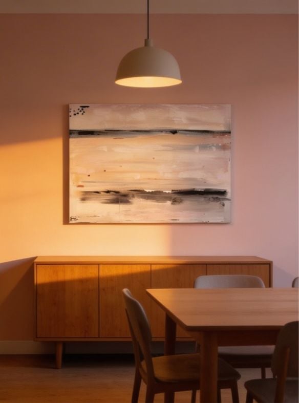 Modern dining room with wooden table and chairs, vintage dresser below abstract artwork, and dome pendant light overhead
