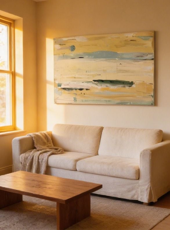 Warm interior living room with cream-colored sofa, wooden coffee table, abstract artwork on wall, and golden sunlight from window