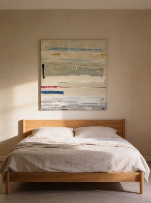 Modern wooden bed with white bedding beneath abstract horizontal striped canvas artwork on beige wall