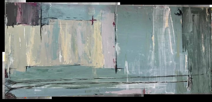 Abstract landscape painting with horizontal composition featuring muted teal, cream, and gray tones with vertical marks and geometric elements