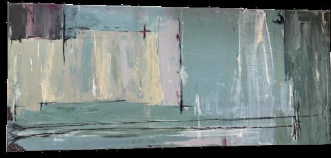 Abstract landscape painting with horizontal composition featuring muted teal, cream, and gray tones with vertical marks and geometric elements
