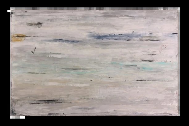 Abstract painting with horizontal brushstrokes in muted tones of gray, blue, and green with scattered marks and notations