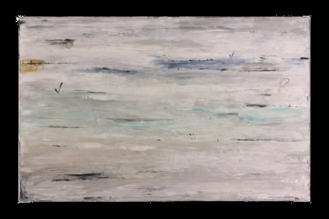 Abstract painting with horizontal brushstrokes in muted tones of gray, blue, and green with scattered marks and notations