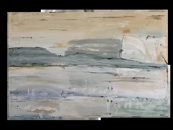 Abstract landscape painting with horizontal layers of beige, gray, and green tones, resembling rolling hills or coastal scenery