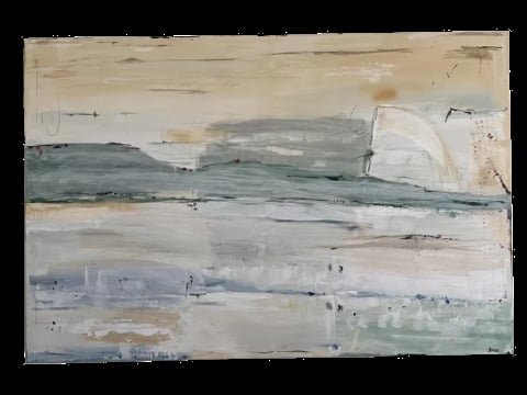 Abstract landscape painting with horizontal layers of beige, gray, and green tones, resembling rolling hills or coastal scenery