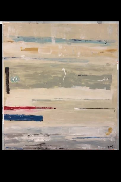 Abstract painting with horizontal layers of muted colors including beige, blue, green, red, and navy strokes on a light background