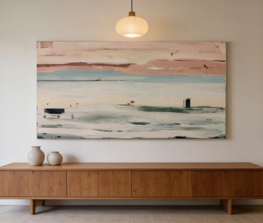 Modern living room with abstract landscape painting above wooden sideboard with ceramic vessels and pendant light
