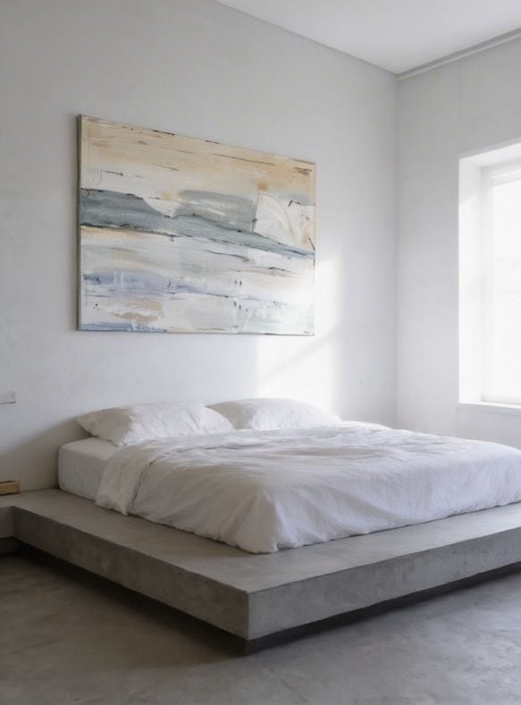 Minimalist bedroom with a low platform bed, white bedding, and an abstract landscape artwork above headboard