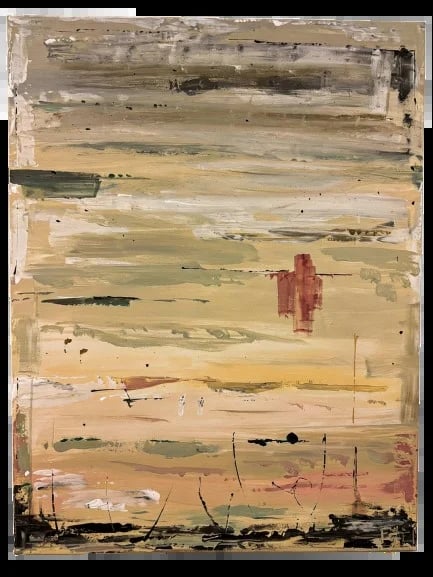 Abstract painting with horizontal layers of tan, green, and rust tones, featuring gestural marks and a minimalist landscape composition