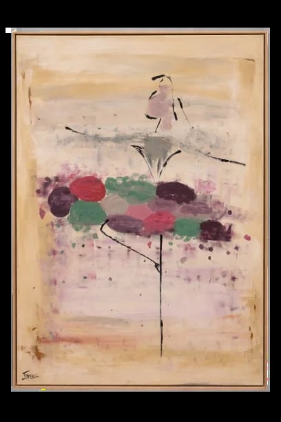 Abstract watercolor artwork featuring a stylized figure with a round multicolored head made of red, green, and purple dots, set against a beige and cream background