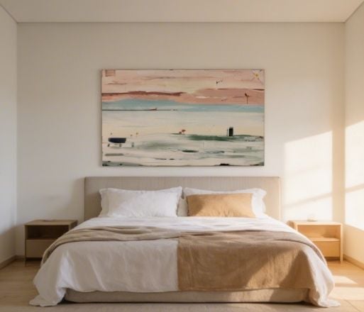 Minimalist bedroom with a neutral bed, white and tan bedding, abstract landscape painting above headboard, and natural sunlight from window