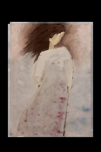 A watercolor painting of a woman from behind wearing a light cream dress, with dark flowing hair, in a minimalist style