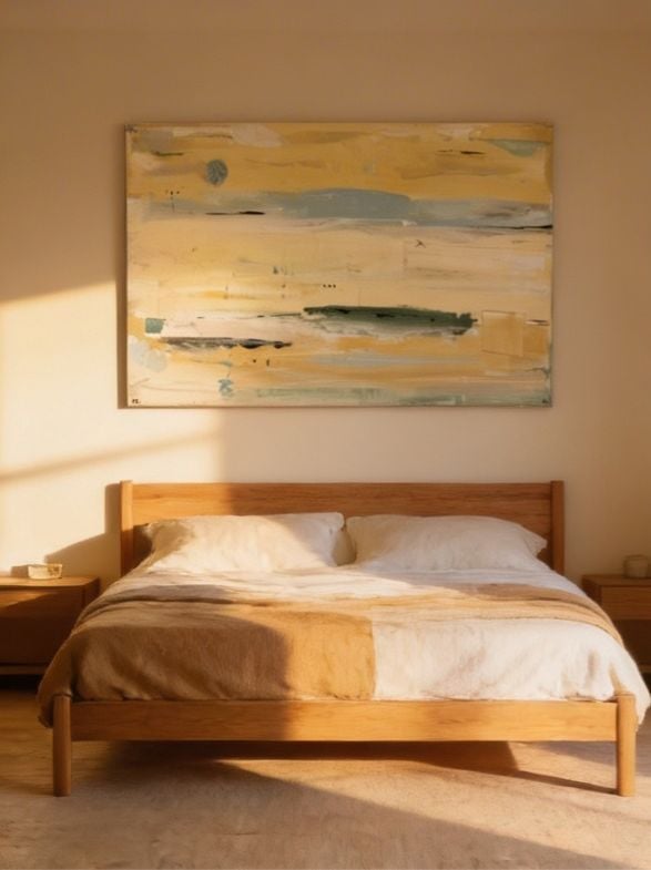 Minimalist bedroom with wooden bed frame, white pillows, and abstract landscape artwork on beige wall above bed