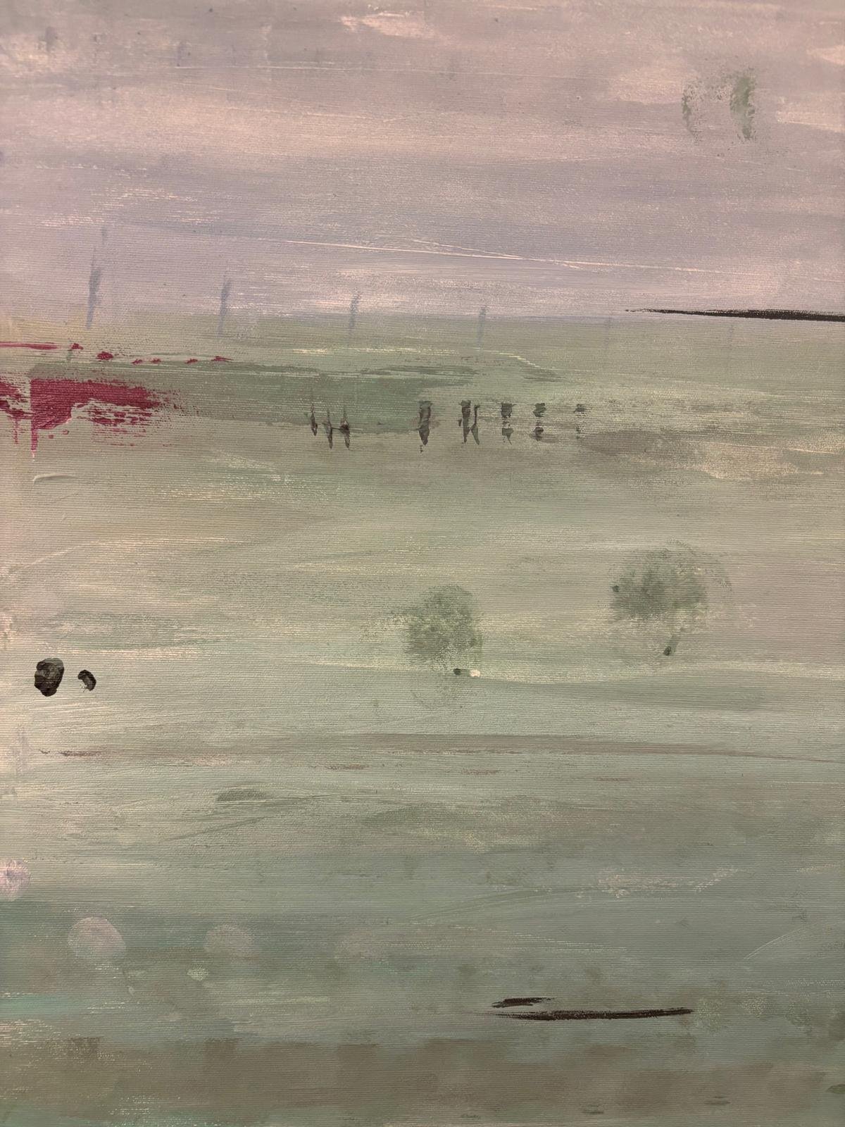 Abstract landscape painting with soft green and beige tones, featuring misty fields, distant trees, and figures, with red accent in upper left