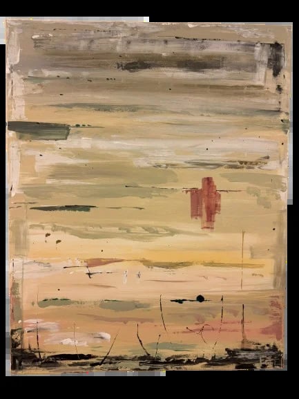 Abstract painting with horizontal brushstrokes in beige, yellow, and gray tones, featuring a red geometric shape and dark silhouettes along the bottom edge.