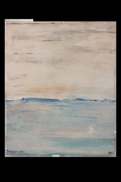 Abstract landscape painting with soft beige sky above turquoise and blue water horizon with muted brushstrokes