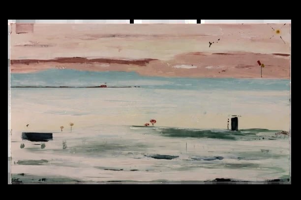 Abstract minimalist painting depicting a coastal landscape with muted pink sky, turquoise water, and scattered dark shapes suggesting boats or structures