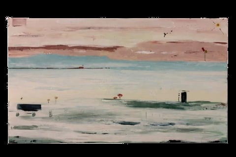 Abstract minimalist painting depicting a coastal landscape with muted pink sky, turquoise water, and scattered dark shapes suggesting boats or structures