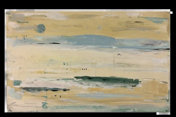 Abstract landscape painting with horizontal layers of cream, beige, and blue tones featuring a dark green band across the center