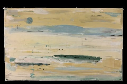 Abstract landscape painting with horizontal layers of cream, beige, and blue tones featuring a dark green band across the center