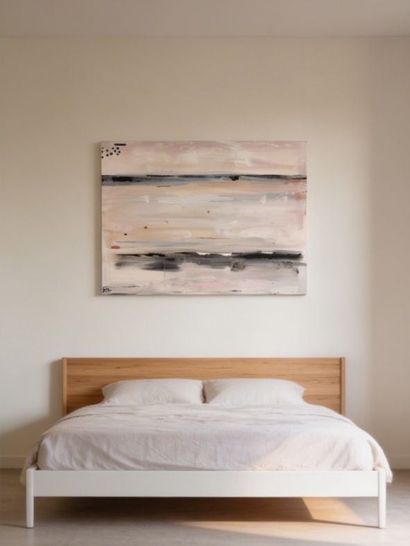Minimalist bedroom with a wooden and white bed frame beneath an abstract landscape painting featuring horizontal gray and pink strokes