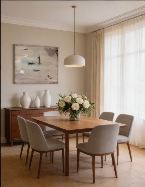 Modern dining room with wooden table, beige chairs, pendant light, abstract wall art, sideboard with white vases, and large windows with sheer curtains