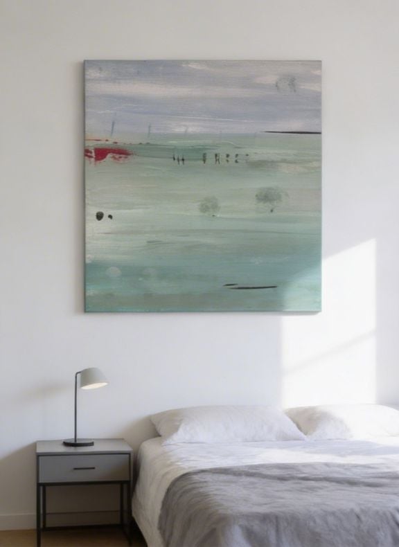 Abstract landscape painting with soft blue and green tones hanging above a bed with white pillows and gray bedding in a bedroom