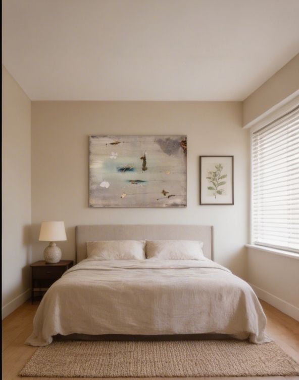 Minimalist bedroom with beige walls, upholstered bed, bedside lamp, and framed artwork above headboard
