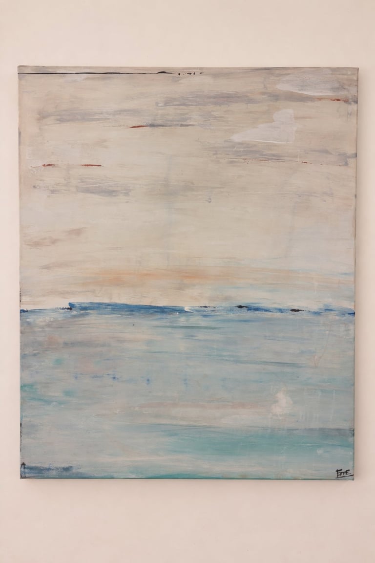Abstract seascape painting with muted beige sky above layered bands of blue and turquoise water