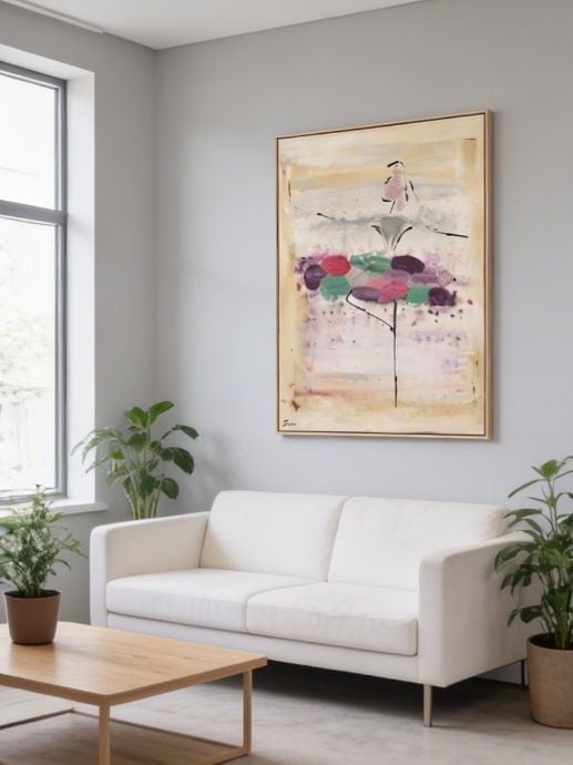 Modern living room with white sofa, wooden coffee table, potted plants, and abstract floral artwork on gray wall