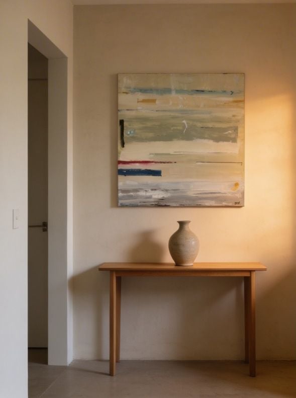 Modern interior room with wooden console table, ceramic vase, and abstract striped artwork on beige wall