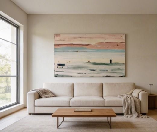 Modern living room with beige sofa, wooden coffee table, and abstract landscape artwork above against neutral walls and large window