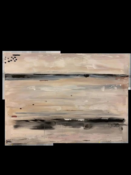 Abstract landscape painting with horizontal layers in muted earth tones, blues, and blacks depicting sky, water, and land