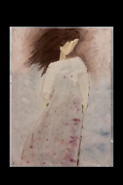 Woman with long dark hair in profile wearing a white floral dress against a muted background