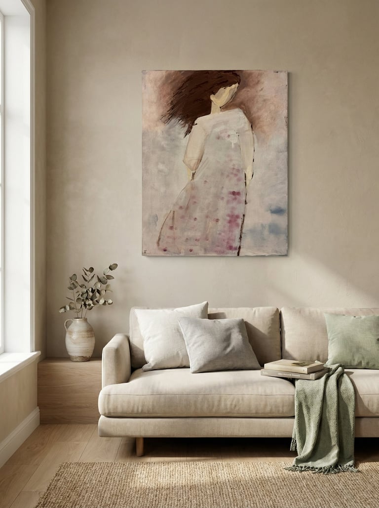 Minimalist living room with cream sofa, abstract figure painting above, potted plant, and natural light from window